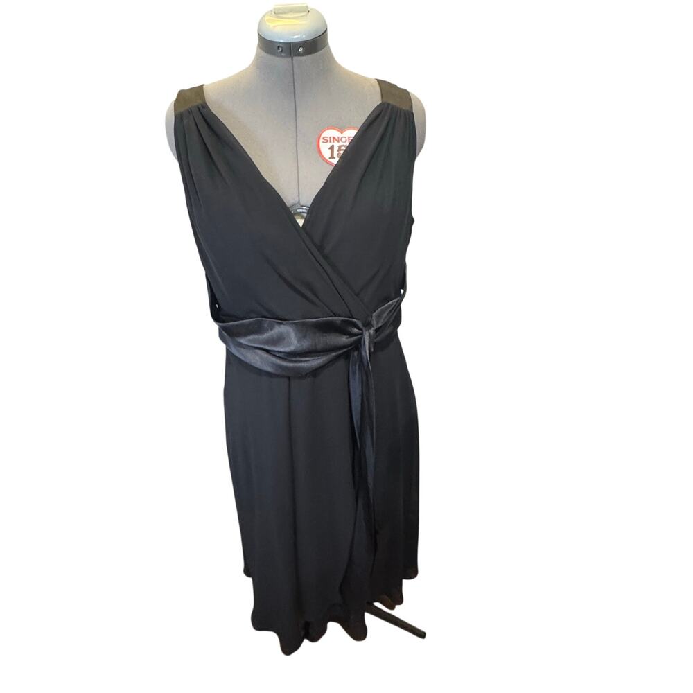 Evan Picone Black Dress 16W Surplice V Neck Satin Sash Midi Cocktail Formal